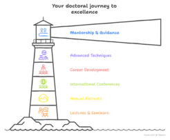 An illustrated lighthouse symbolizes the doctoral journey, emphasizing mentorship, advanced techniques, career development, international conferences, annual retreats, and lectures & seminars.