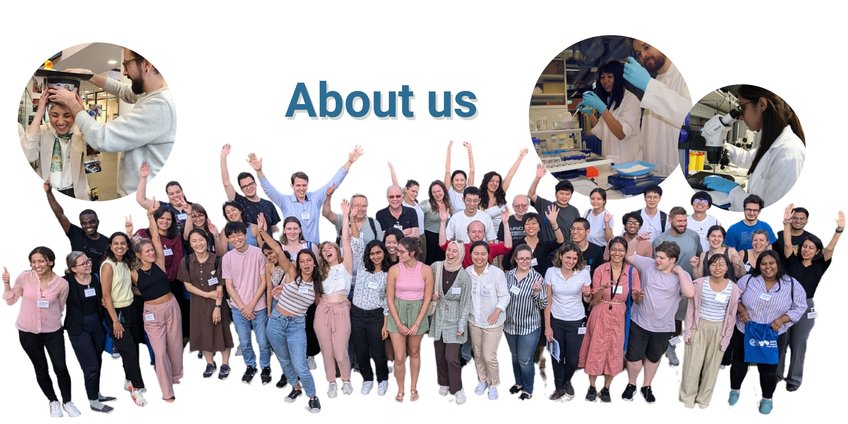 Large group of PhD students smiling and waving, two circular images show lab work, title "About us" above.